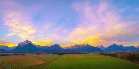Happy woman standing with her back on sunset in nature . Panoramic view of a colorful sunset created by ai