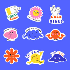 Cool Groovy Stickers Pack Vector Design. Retro pop art stickers. Pop Art Smile Patches. Trendy Y2K Emoji Elements. 