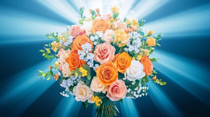 A vibrant bouquet of roses and delicate flowers illuminated by a soft light, perfect for any occasion or celebration.