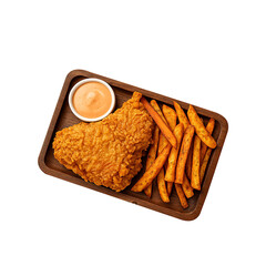 Crispy Fried Chicken and Sweet Potato Fries on Wooden Platter