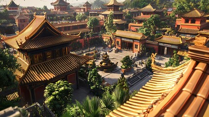 Obraz premium Peaceful mountain complex with red temples and carved rooftops high resolution picture
