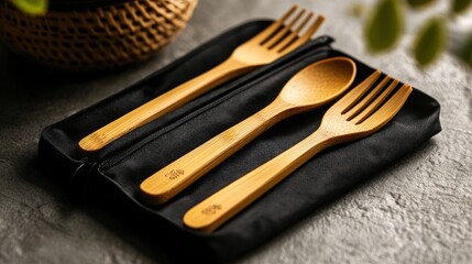 Eco-friendly bamboo cutlery set in a pouch