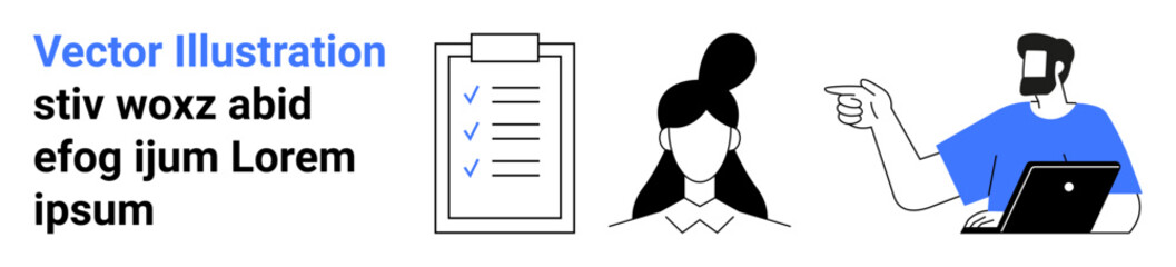 Person with tablet, checklist clipboard, and woman with bun hairstyle in discussion. Ideal for productivity, teamwork, planning, goal achievement, digital communication, task management flat landing