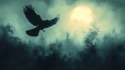 A silhouetted raven flying in front of a full moon above a misty forest landscape.