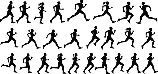 Dynamic runner silhouette set, runner vector in various poses for fitness and sport designs.