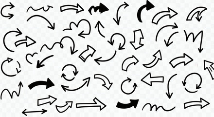 Collection of unique black hand-drawn arrow shapes and directional indicators. Various designs, pointing in different directions, on transparent backdrop.