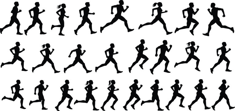 Dynamic runner silhouette set, runner vector in various poses for fitness and sport designs.