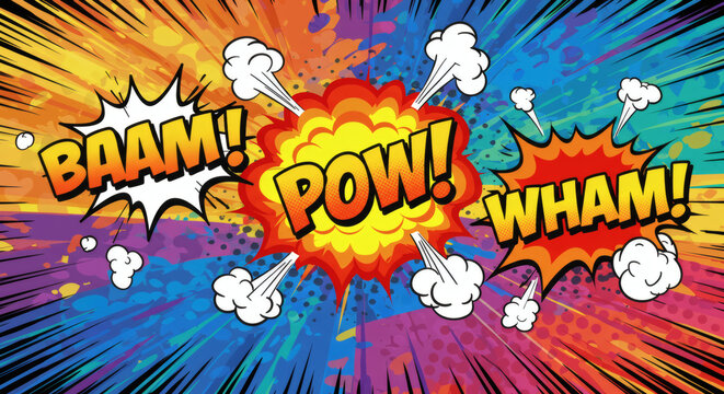 An energetic cartoon explosion with "BAAM!" "POW!" and "WHAM!" text is displayed against a colorful splatter background.