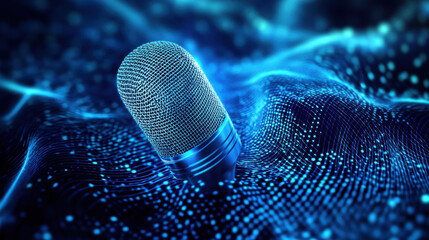 Microphone on Abstract Blue Wave Background with Digital Effects