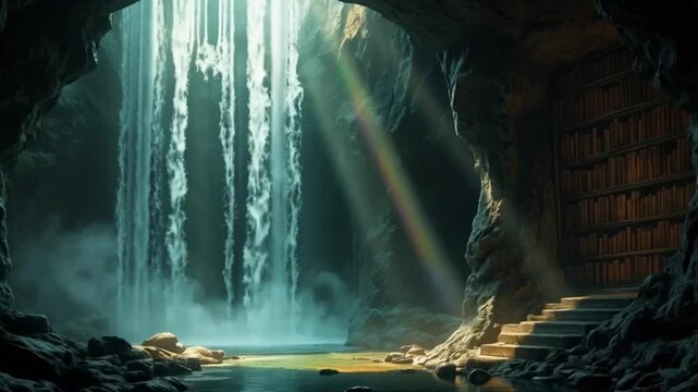 A cave with a waterfall and library inside. Smooth repeating motion for background video animation