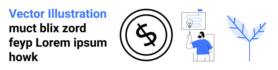 Dollar sign in circle, person presenting ideas, thought bubble, and abstract leaf symbol. Ideal for finance, innovation, presentations, creativity, education planning and abstract line flat