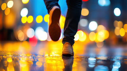 Footsteps on Rainy Street with Blurry City Lights at Night