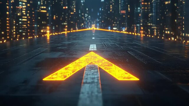 Futuristic cityscape at night with illuminated road markings directing traffic through skyscrapers
