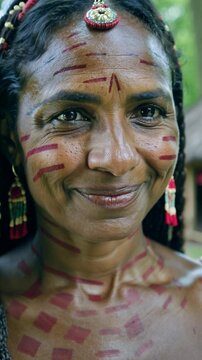 Close-up of an elderly Yanomami woman with characteristic red urucu body paint and a proud expression. International Indigenous Peoples Day.