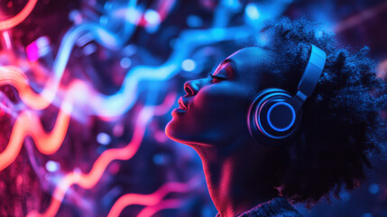 Woman Enjoying Music with Headphones in Colorful Light Environment