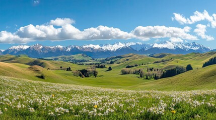 Scenic panoramic view of idyllic rolling hills landscape with blooming meadows and snowcapped alpine mountain peaks in the background on a beautiful sunny day with blue sky and clouds in springtime