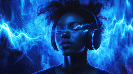 Ethereal Woman in Headphones with Electric Blue Background