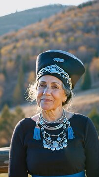 Medium shot of an elderly Mapuche woman with a serene yet proud expression. International Indigenous Peoples Day.