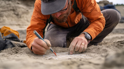 Geologist Working on Fossil Excavation in Outdoor Setting