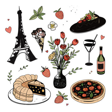 Vector illustration set of Paris sweets, a delightful food design with sweet dessert icons for a restaurant menu