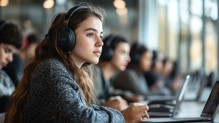 Focused student listening to music with headphones in a library