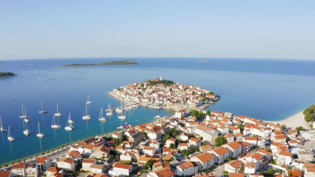 Drone flight over Primosten - beautiful city in Croatia