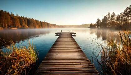 Naklejka premium Muelle de madera solitario que se extiende hacia el lago brumoso durante el otoño, fotografía hiperrealista,