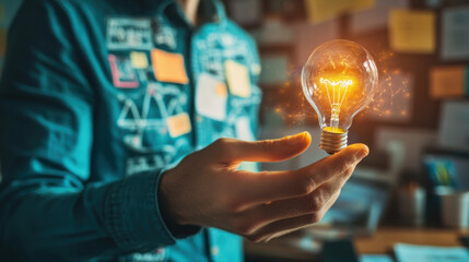 Person Holding Glowing Light Bulb With Creative Ideas In Office