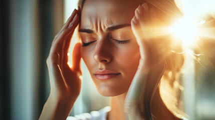 Woman with Headache in Natural Light, Holding Head, Emotional Pain