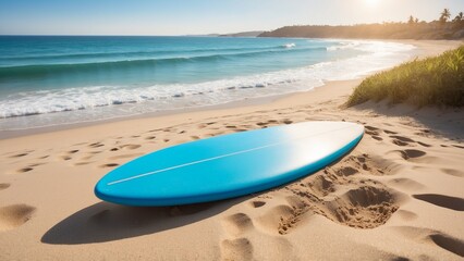  Clear Vacation Scene: Surfboard Standing Alone on Sand with Blue Ocean Waves in the Background and Bright Midday Sun