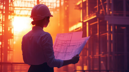 Woman Engineer with Blueprints at Construction Site During Sunset