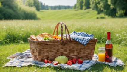 Clean Summer Lunch Scene: Picnic Basket on an Empty Green Meadow with Sunny Day and Open Space in the Background