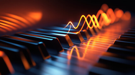 Abstract Piano Keys with Sound Waves in Warm Orange Light