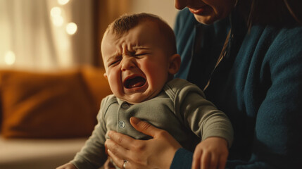 Crying Baby in Mother’s Arms in Cozy Indoor Setting