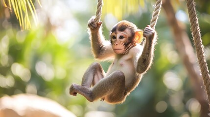 A monkey swinging through the tropical trees