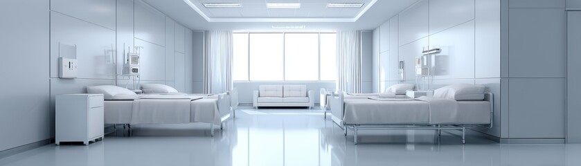 Calm, peaceful hospital room with comfortable beds, subtle medical devices - Mattress Clinic decor devices