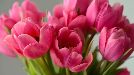 Obraz premium Vibrant Pink Tulips in a Bouquet with Soft Petals Against a Light Background