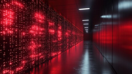 Futuristic server room, glowing red code