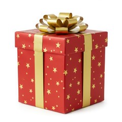 A red gift box with gold stars and ribbon and a gold bow on top isolated on a white background