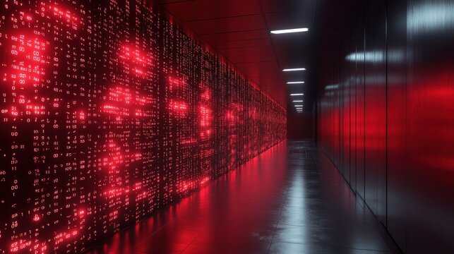 Futuristic server room, glowing red code - Powered by Adobe