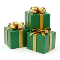 Fototapeta premium A stack of three green gift boxes with gold ribbons and bows on a white background isolated close up