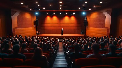 Speaker presenting to an engaged audience in a modern auditorium with warm lighting and wood accents