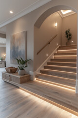 Entr&eacute;e lumineuse moderne avec escalier en bois &eacute;clair&eacute; et grande &oelig;uvre d'art