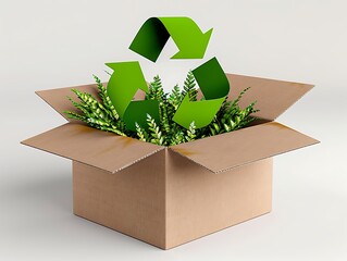 Eco-friendly recycled cardboard box with green recycle symbol indoor plant environment