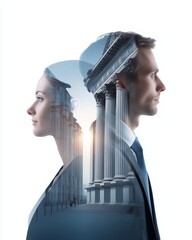 Double exposure of a building with columns in the silhouette of a young businesswoman and a man