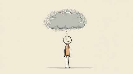 A minimalist 2D illustration of a stick man standing under a dense cloud symbolizing overwhelming thoughts and emotions. Generative AI