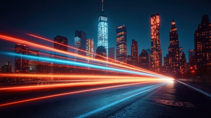 Obraz premium Night Lights: A Cityscape of Speed and Illumination