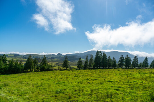 View along Trilho Rocha do Chamgre 0 - PRC06 hiking trail on Terceira in the Azores of Portugal, towards Pico Gaspar