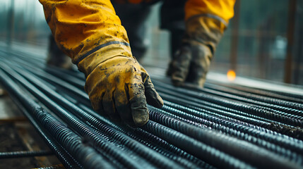 Construction Worker Handling Reinforcement Steel Bars