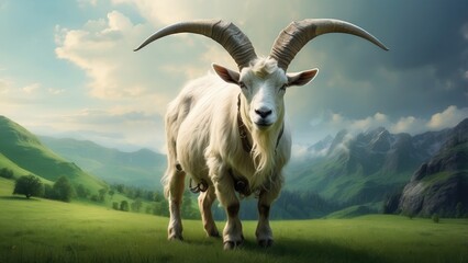 Obraz premium Close-Up Portrait of White Goat at Sunset in Pasture